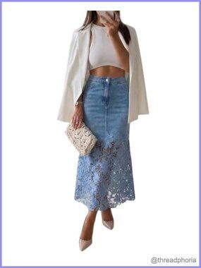 Denim Midi Skirt Guipure Lace Spliced High Waisted A-Line Jean Skirt